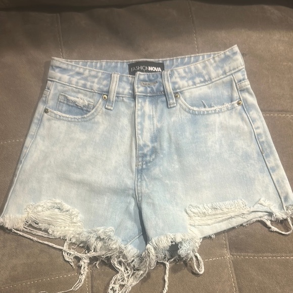 Fashion Nova Blue Distressed Jean Shorts High-Waisted - Picture 1 of 4